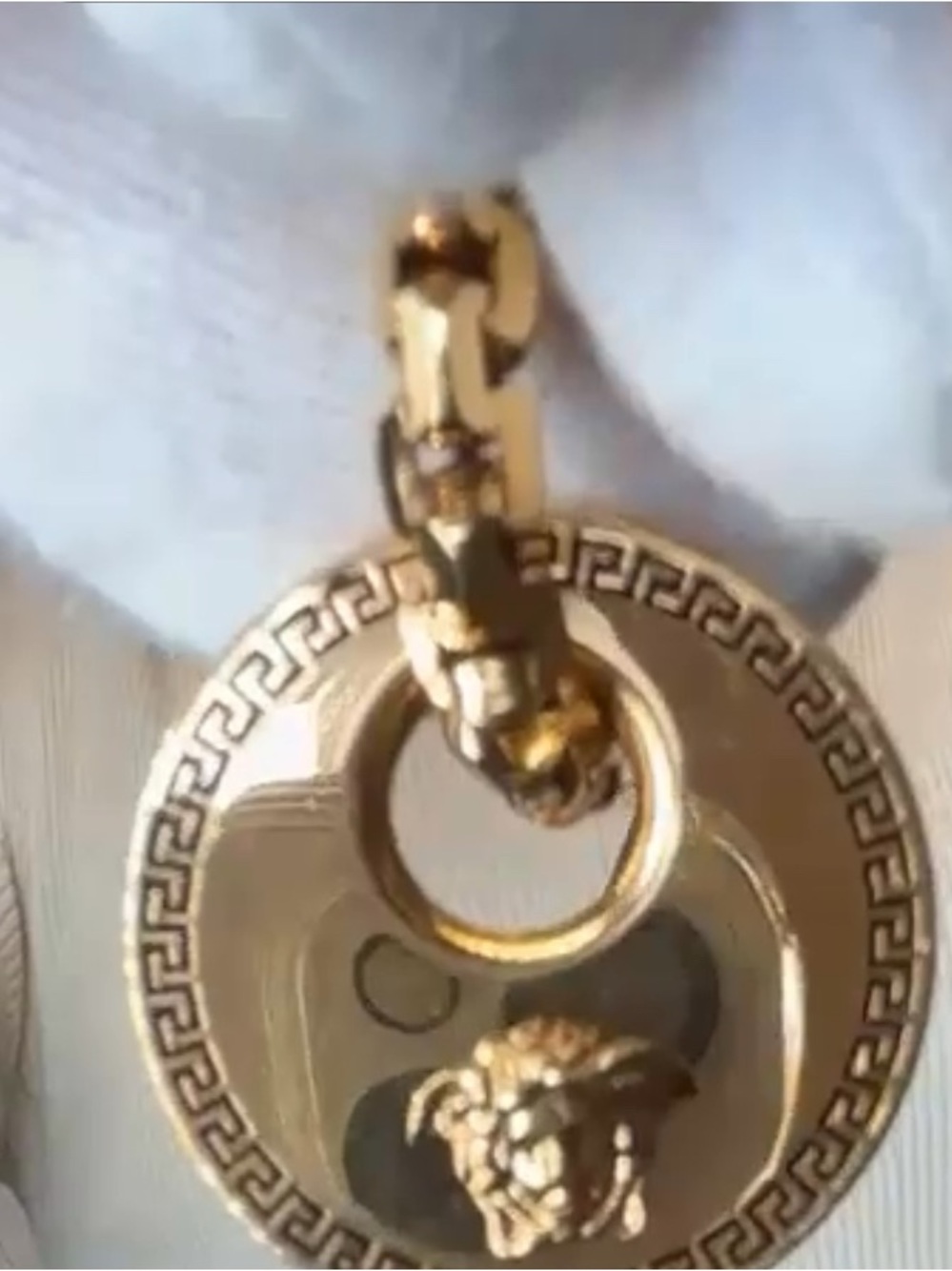 Versace Gold Medallion Pendant with Greek Key and Lion Head Detail. Authentic